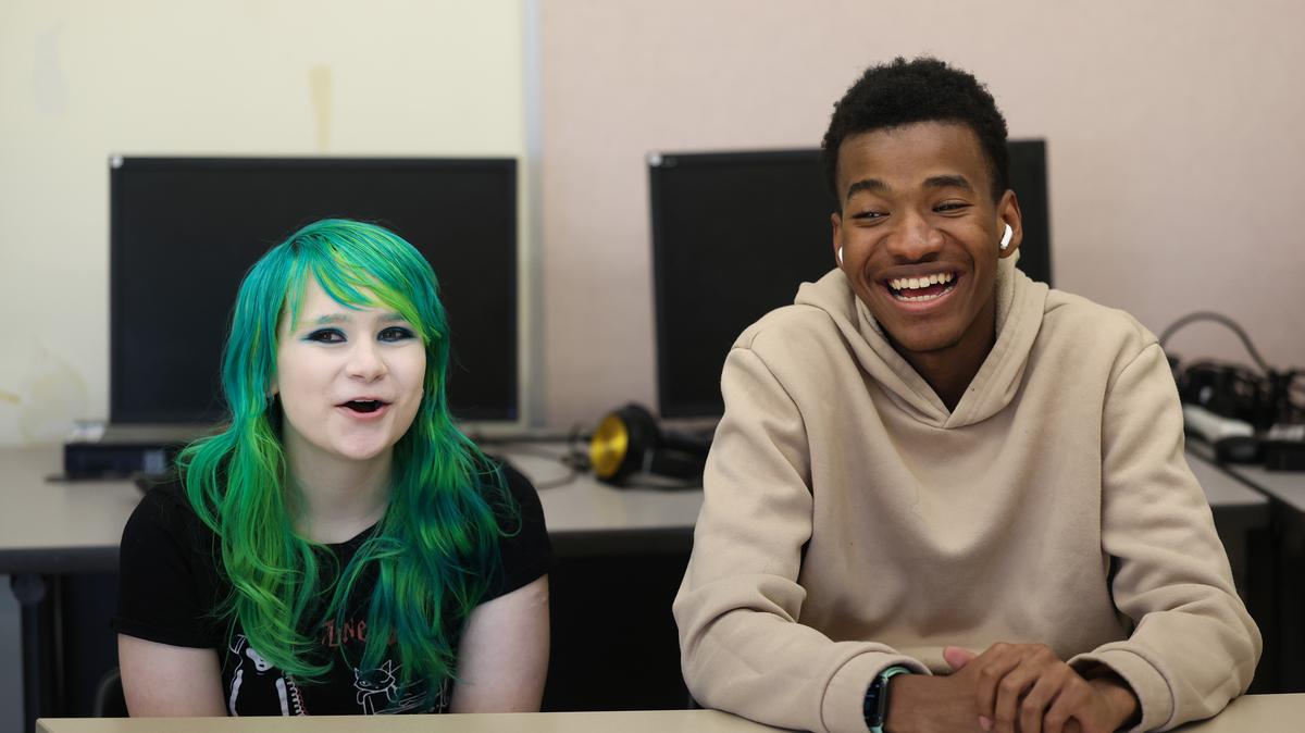 Lindblom Math and Science Academy sophomores Twila Bietila, 15, and Darius Rencher, 17, talk about their debate club experiences on April 17, 2026, in Chicago. (John J. Kim/Chicago Tribune/TNS)