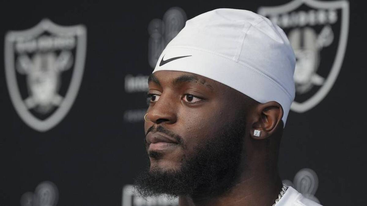  May 2, 2026; Henderson, NV, USA; Las Vegas Raiders defensive end Keyron Crawford (42) speaks during a news conference at the team's Rookie Minicamp at Intermountain Health Performance Center. Mandatory Credit: Candice Ward-Imagn Images | Candice Ward-Imagn Images 