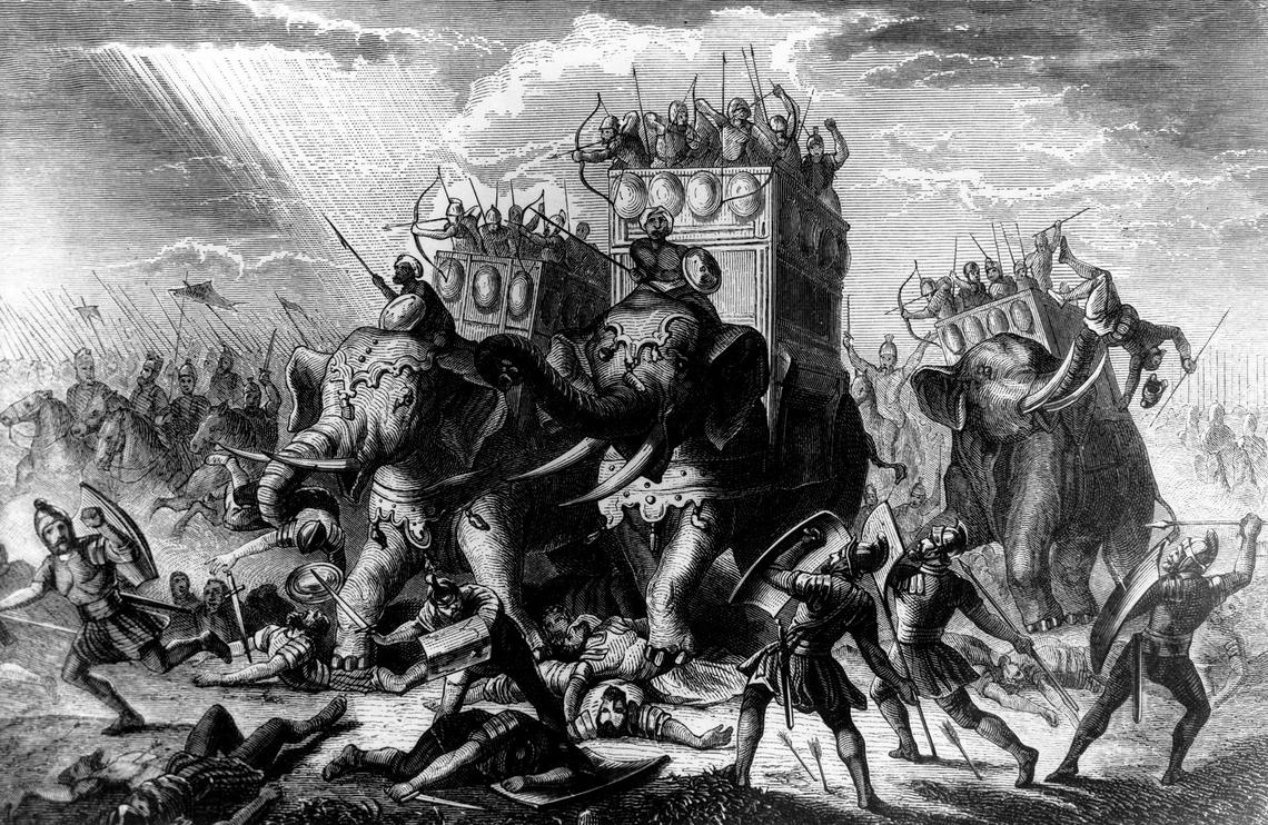  A 19th-century wood engraving depicts Pyrrus' war elephants at the battle of Asculum, his ‘Pyrric victory' in 279 B.C. ullstein bild/ullstein bild via Getty Images 