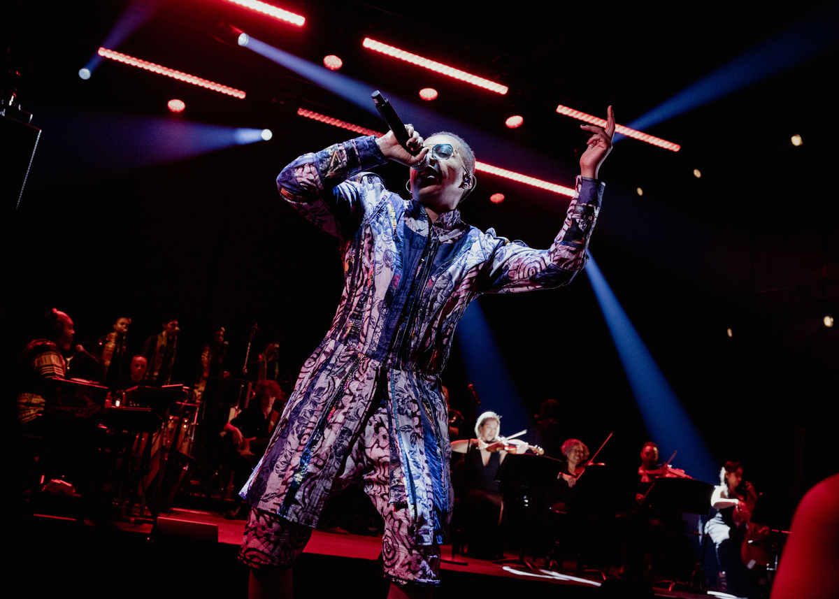 Rapper OneDa, whose songs are written by Leo Miyagee, during a performance of "North Star" at the Irish Arts Center in New York, June 6, 2026. The new show combines speeches by abolitionist Frederick Douglass, who fled briefly to Britain and Ireland while being hunted by slavers, with performances by local students. (Rachel Papo/The New York Times)