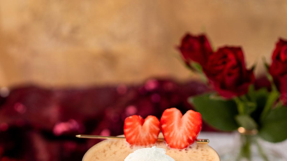 Espresso Martini Affogato with vanilla ice cream and heart shaped strawberries for Valentine’s day.