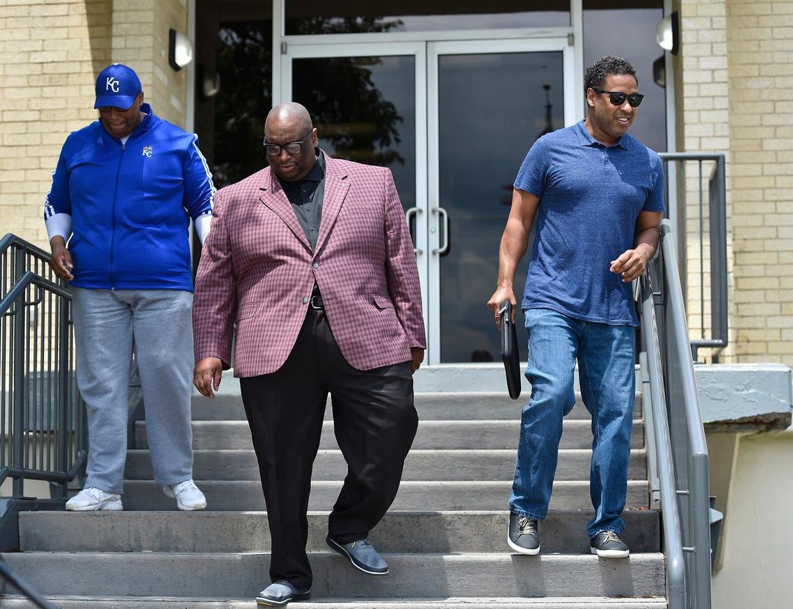 Faith leaders with Getting to the Heart of the Matter, including from left, Revs. Ron Lindsay, Darron Edwards and Emanuel Cleaver III, leave the Missouri State Highway Patrol station in Lee’s Summit, Mo., Wednesday, June 2, 2021, after presenting them with a video of the fatal police shooting of Malcolm Johnson. Highway Patrol is investigating the shooting of Johnson, who was killed at the BP gas station at E. 63rd and Prospect Avenue in March. The pastors have called the shooting “an execution.” (Jill Toyoshiba/The Kansas City Star via AP)