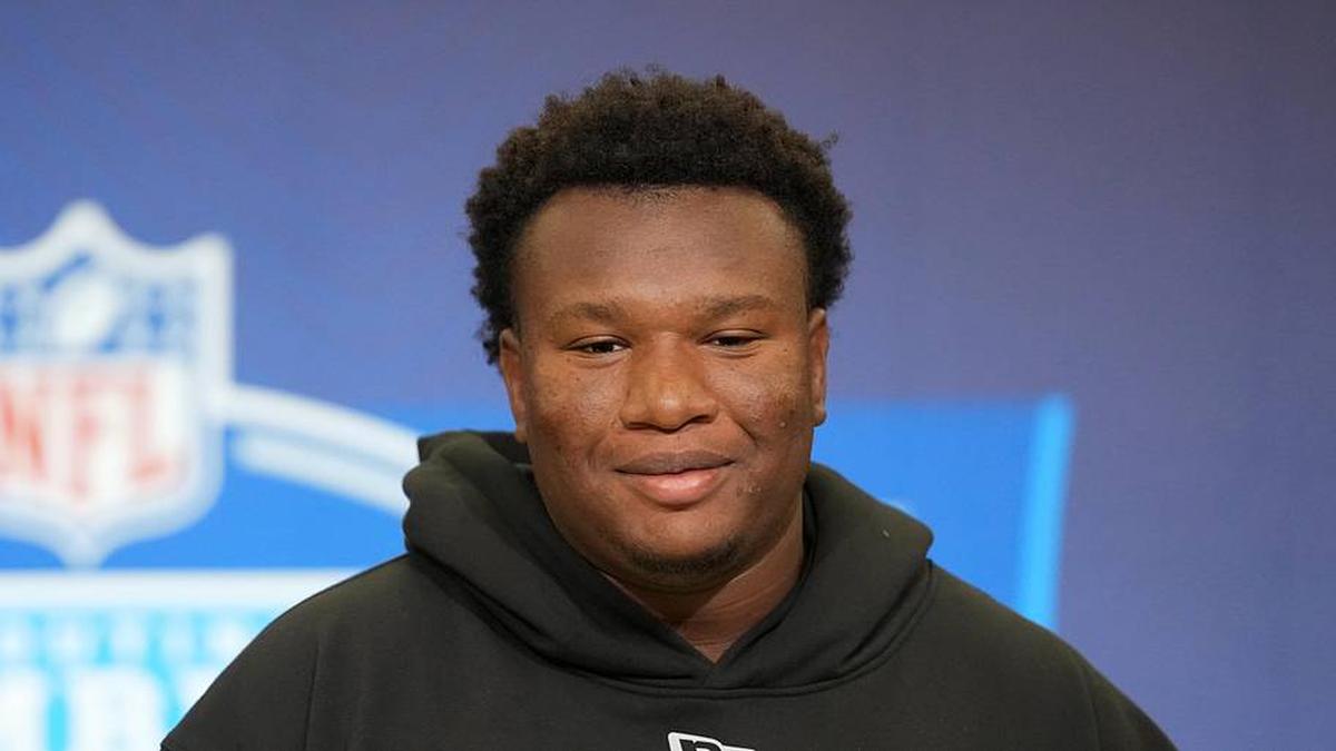 Feb 25, 2026; Indianapolis, IN, USA; NC State defensive lineman Brandon Cleveland (DL06) speaks during the NFL Scouting Combine at the Indiana Convention Center. Mandatory Credit: Kirby Lee-Imagn Images | Kirby Lee-Imagn Images 