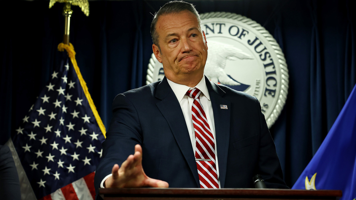 Todd Lyons, acting director of ICE, speaks during a press conference at the federal courthouse in Boston on June 2, 2025.