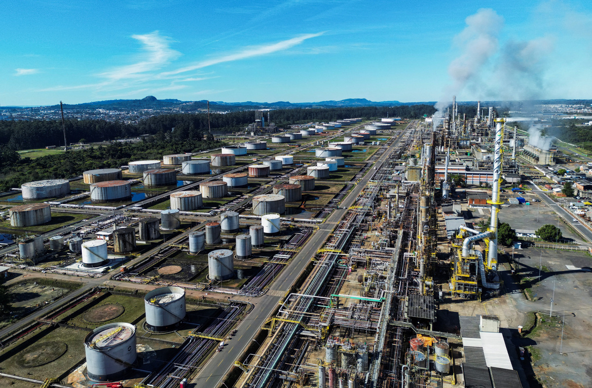 A drone view shows storage tanks and processing units at Petrobras' Alberto Pasqualini Refinery (Refap) in Canoas, Rio Grande do Sul state, Brazil, July 15, 2026. REUTERS/Diego Vara