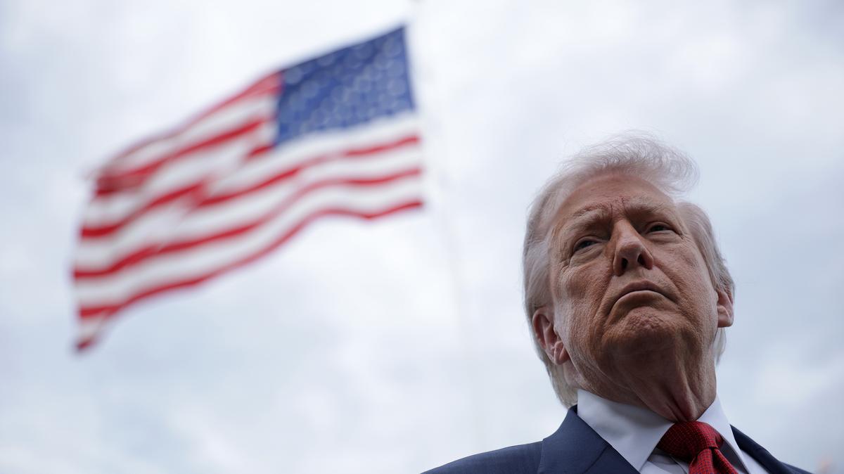 U.S. President Donald Trump speaks to members of the media prior to a Marine One departure from the South Lawn of the White House on May 8, 2026, in Washington, D.C.