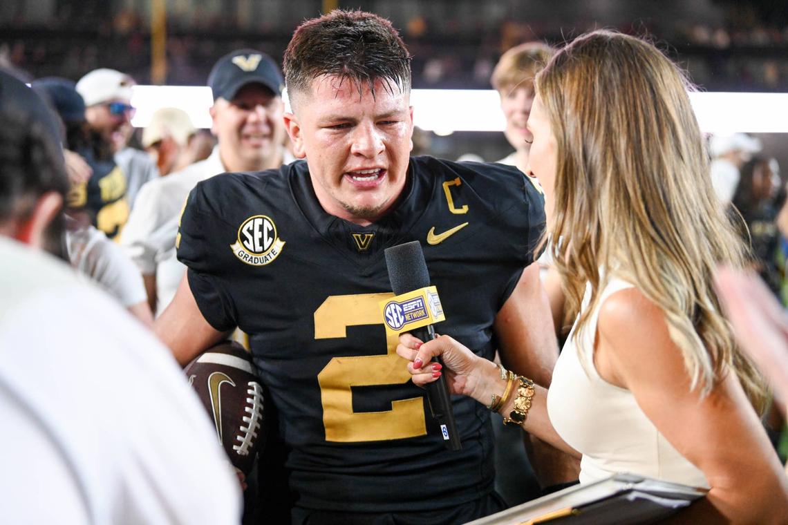  NASHVILLE, TENNESSEE - OCTOBER 5: Diego Pavia #2 of the Vanderbilt Commodores speaks to the SEC Network after the win against the Alabama Crimson Tide at FirstBank Stadium on October 5, 2024 in Nashville, Tennessee. (Photo by Carly Mackler/Getty Images) 