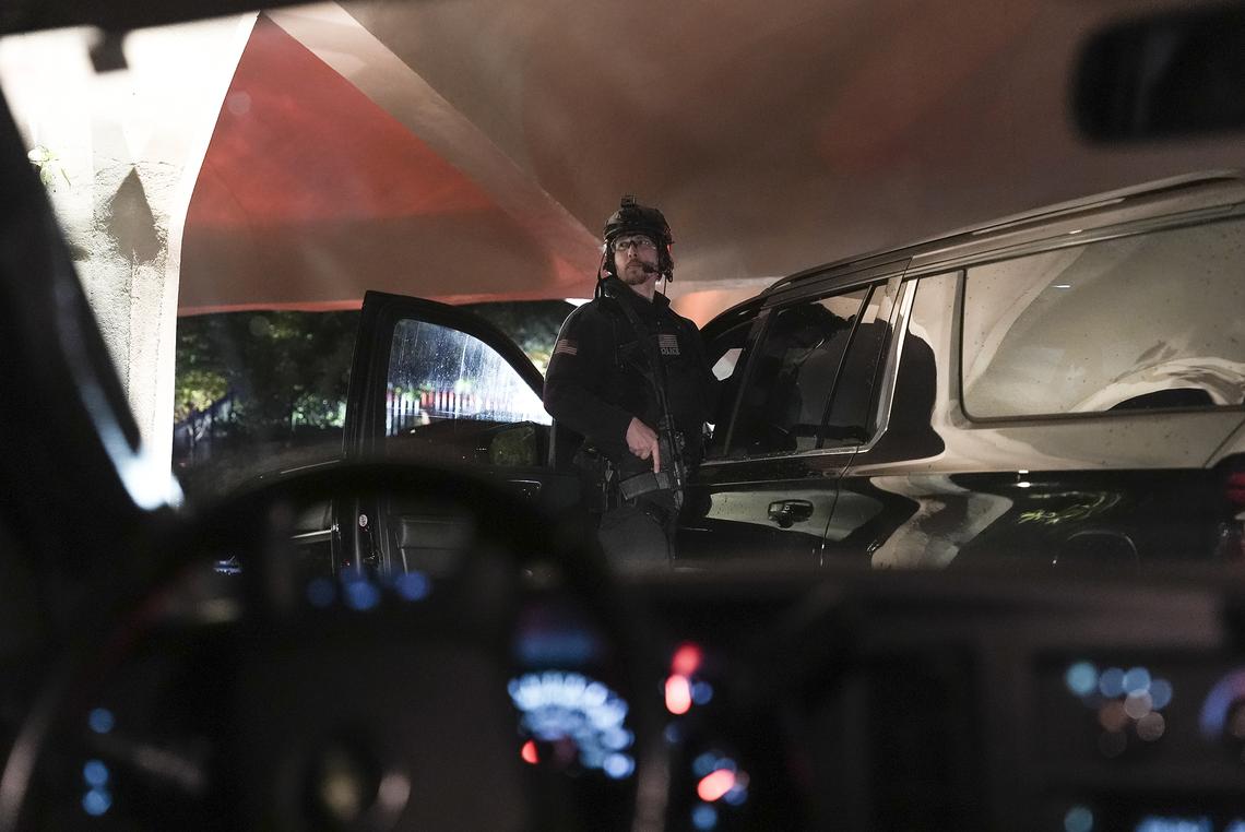 Security at the Washington Hilton in Washington, on April 25, 2026. The gunman did not make it inside the hotel ballroom where President Trump, top officials and hundreds of journalists had gathered for dinner. (Salwan Georges/The New York Times)