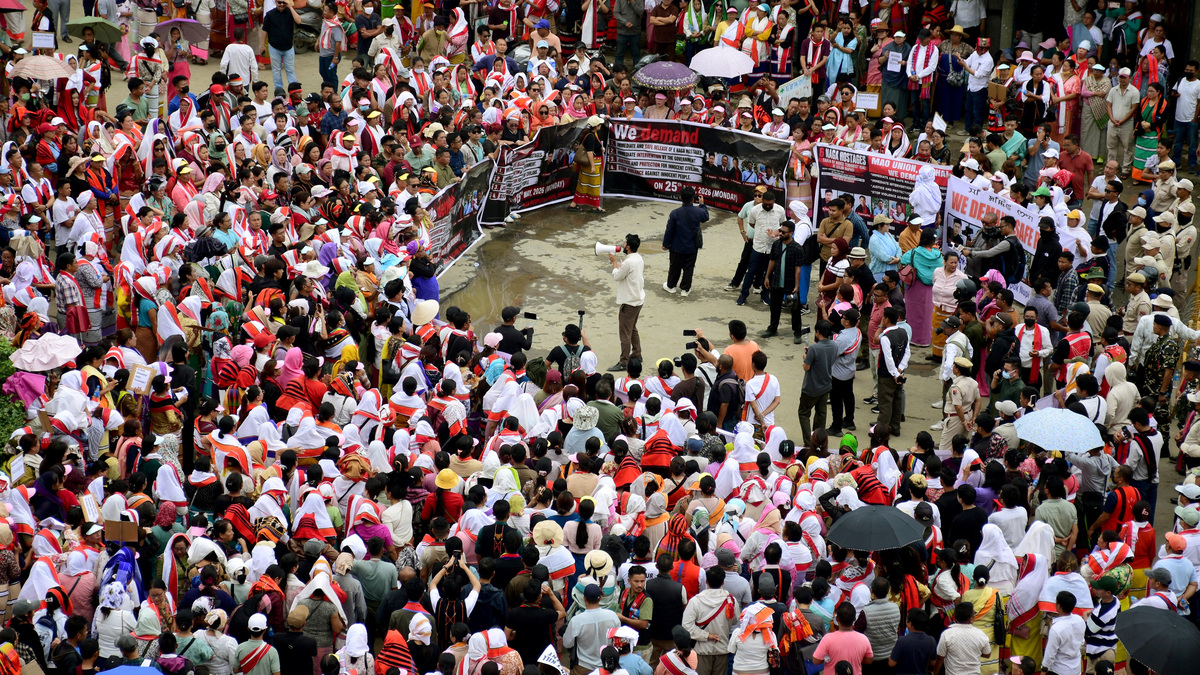People gather during a protest to demand the release of six Naga men, who according to demonstrators are held by suspected Kuki militants in Kangpokpi district, in Imphal, Manipur, India, May 25, 2026. REUTERS/Stringer