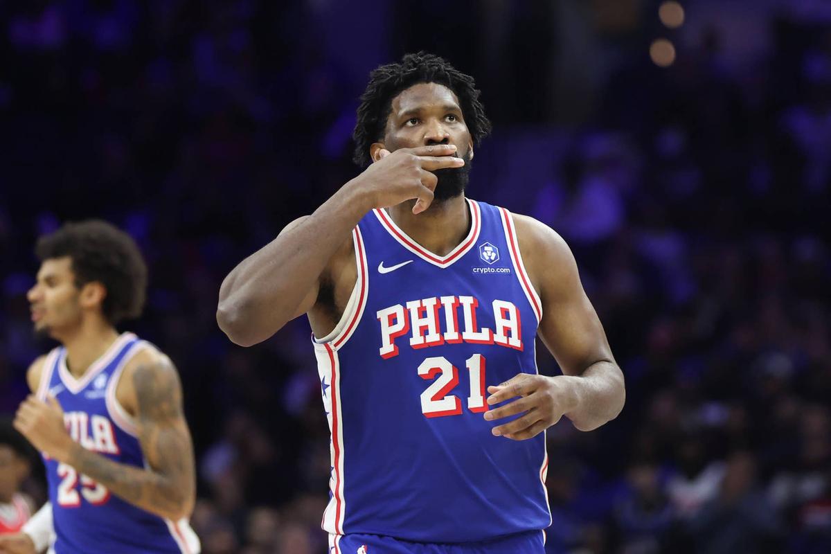  Philadelphia 76ers center Joel Embiid after scoring a three-pointer at Xfinity Mobile Arena. Bill Streicher-Imagn Images