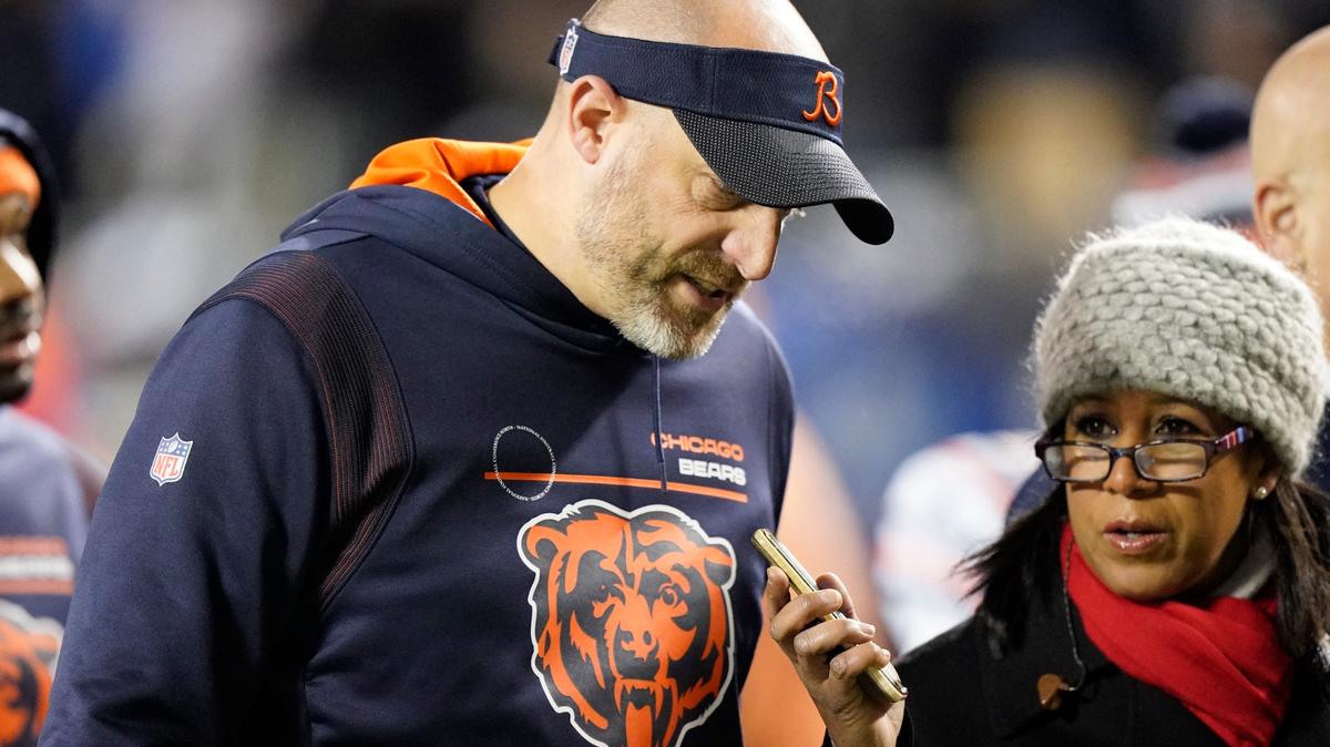 Chicago Bears head coach Matt Nagy is interviewed by ESPN’s Lisa Salters at halftime of an NFL football game between the Bears and the Minnesota Vikings Monday, Dec. 20, 2021, in Chicago. (AP Photo/Nam Y. Huh)