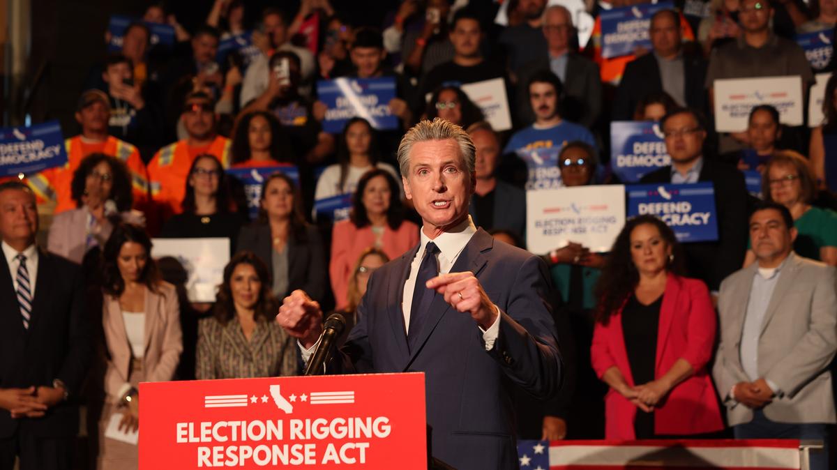Gov. Gavin Newsom leads an effort to redraw the state's congressional districts. He announced the campaign at the Japanese American Museum in Los Angeles on Thursday, Aug. 14, 2025.