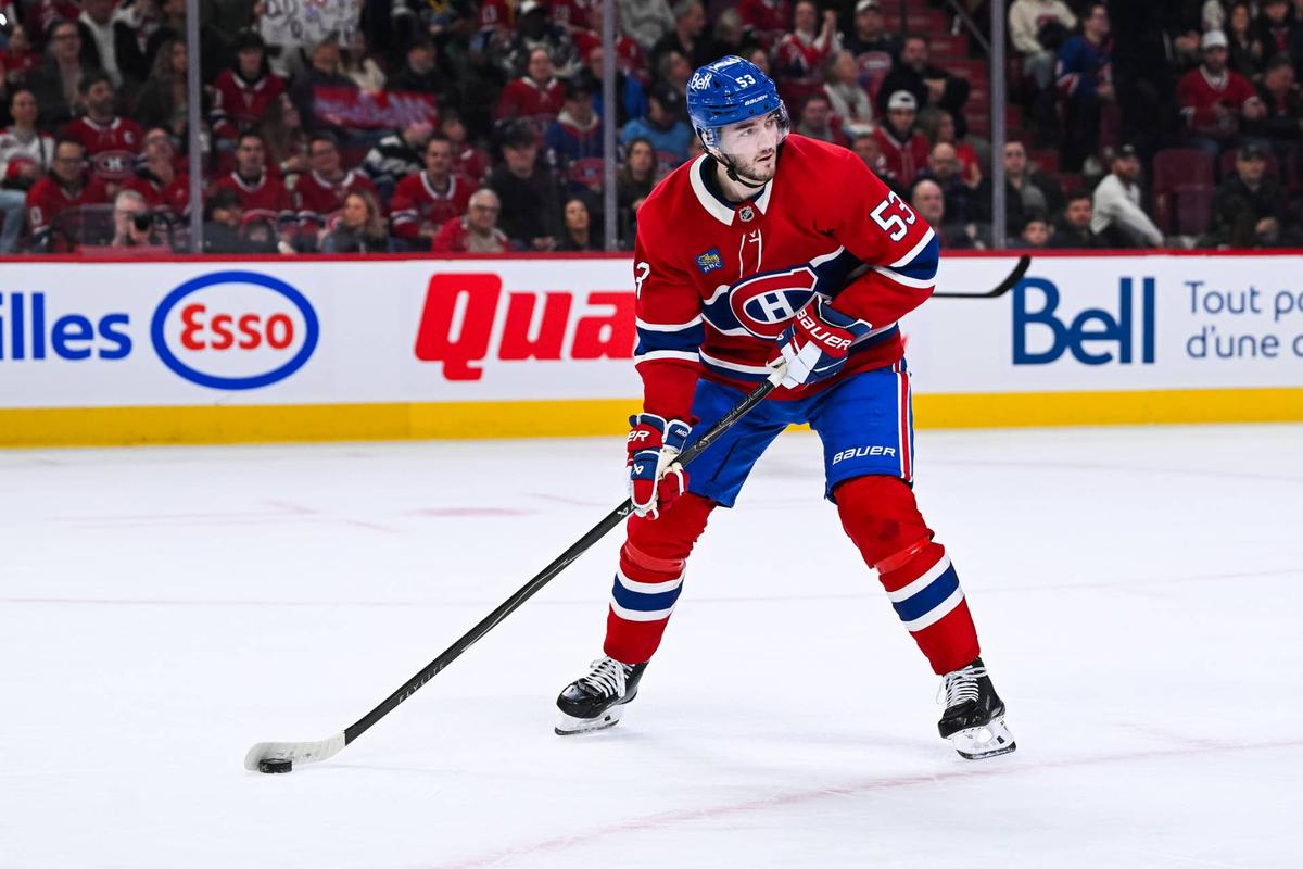  Montreal Canadiens defenseman Noah Dobson (53) plays the puck. David Kirouac-Imagn Images