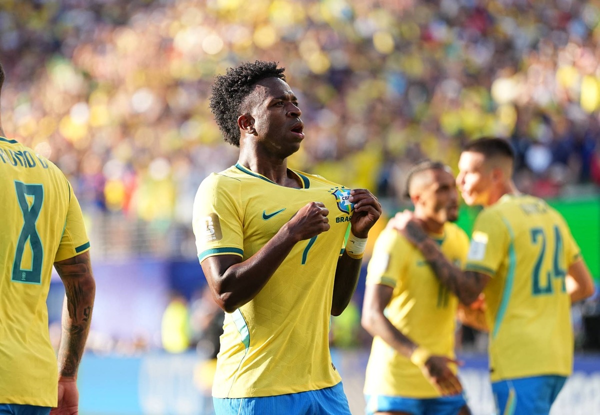  Vinicius Junior celebrates his team's first goal during the Group C FIFA World Cup 2026 match between Brazil and Morocco. Photo by Ulrik Pedersen/NurPhoto via Getty Images