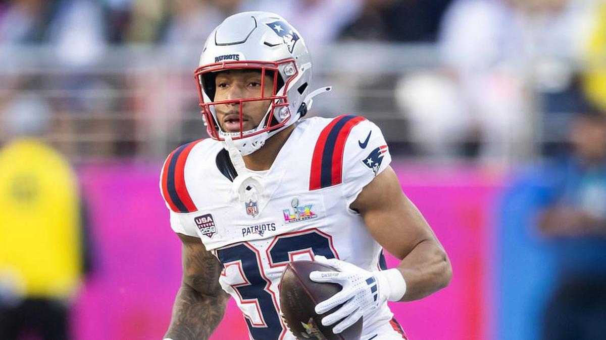  Feb 8, 2026; Santa Clara, CA, USA; New England Patriots running back Treveyon Henderson (32) against the Seattle Seahawks during Super Bowl LX at Levi's Stadium. Mandatory Credit: Mark J. Rebilas-Imagn Images | Mark J. Rebilas-Imagn Images 