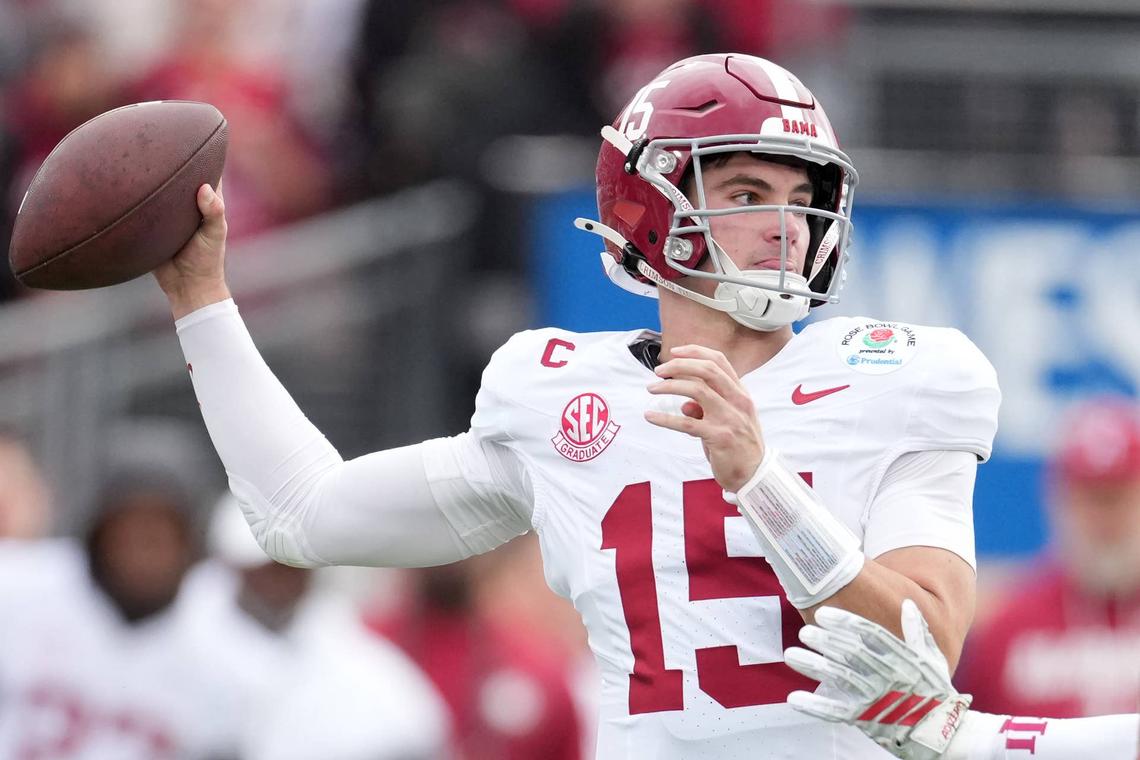  Jan 1, 2026; Pasadena, CA, USA; Alabama Crimson Tide quarterback Ty Simpson (15) passes against the Indiana Hoosiers in the first half of the 2026 Rose Bowl and quarterfinal game of the College Football Playoff at Rose Bowl Stadium. Mandatory Credit: Kirby Lee-Imagn Images 