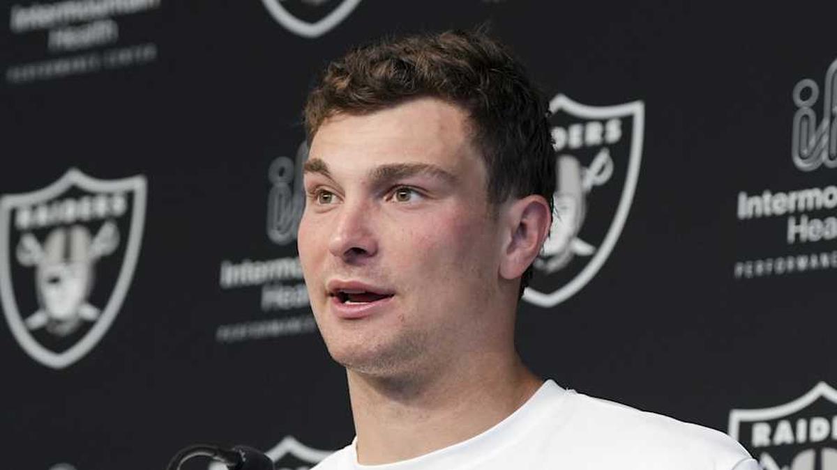  May 2, 2026; Henderson, NV, USA; Las Vegas Raiders quarterback Fernando Mendoza (15) speaks during a news conference at the team's Rookie Minicamp at Intermountain Health Performance Center. Mandatory Credit: Candice Ward-Imagn Images | Candice Ward-Imagn Images 