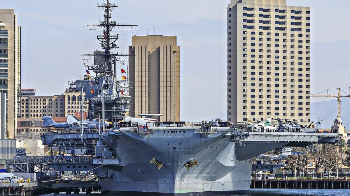 SAN DIEGO, CA Jan. 25th, 2018 | The USS Midway Museum and skyline seen from aboard the Marietta after returning  from a whale watching tour presented by Birch Aquarium and Flagship Cruises on Thursday in San Diego, California.  | (Eduardo Contreras / San Diego Union-Tribune)