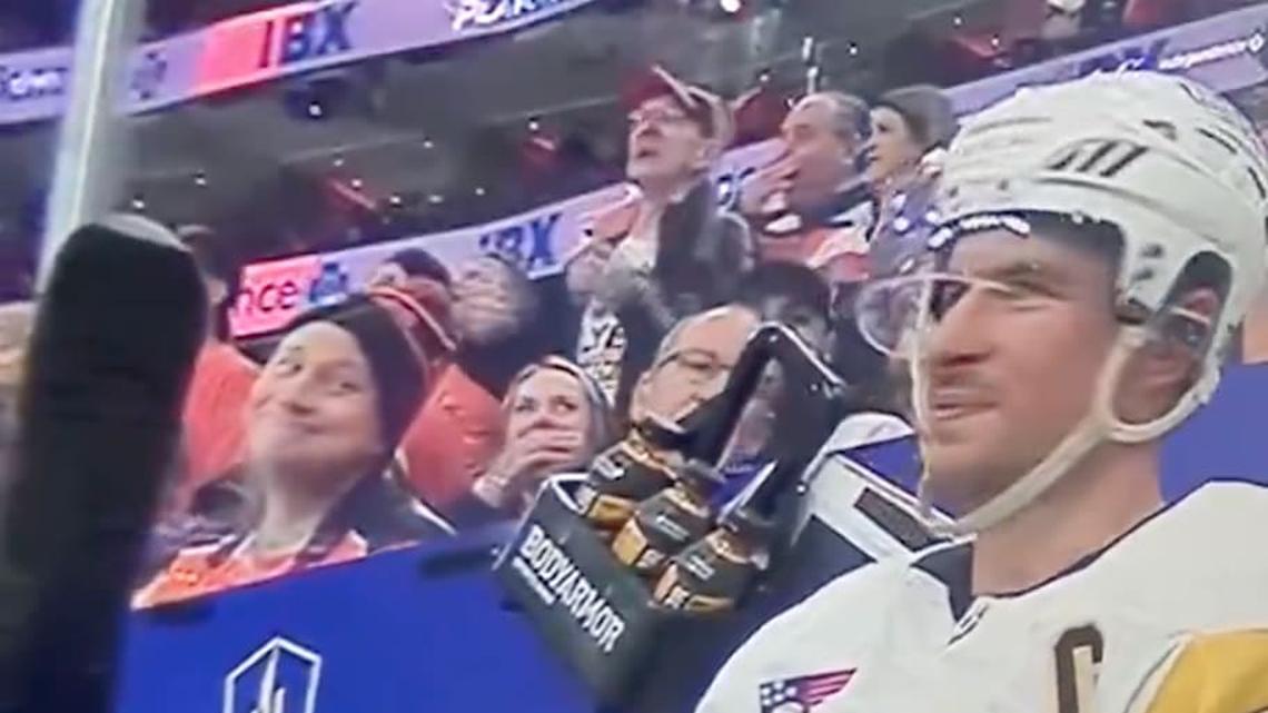  Sidney Crosby and a fan react to an embellishment call. | @DevonS93 