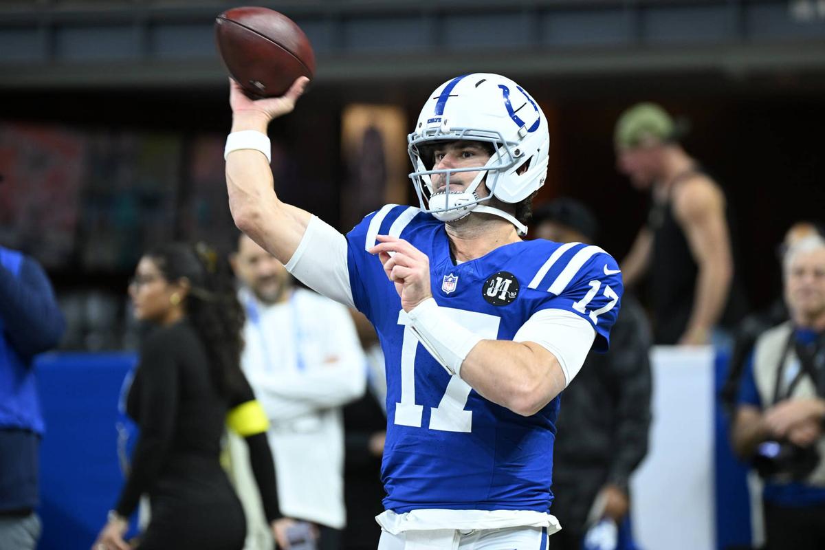  Indianapolis Colts quarterback Daniel Jones (17) warms up before a game against the Houston Texans at Lucas Oil Stadium. Robert Goddin-Imagn Images