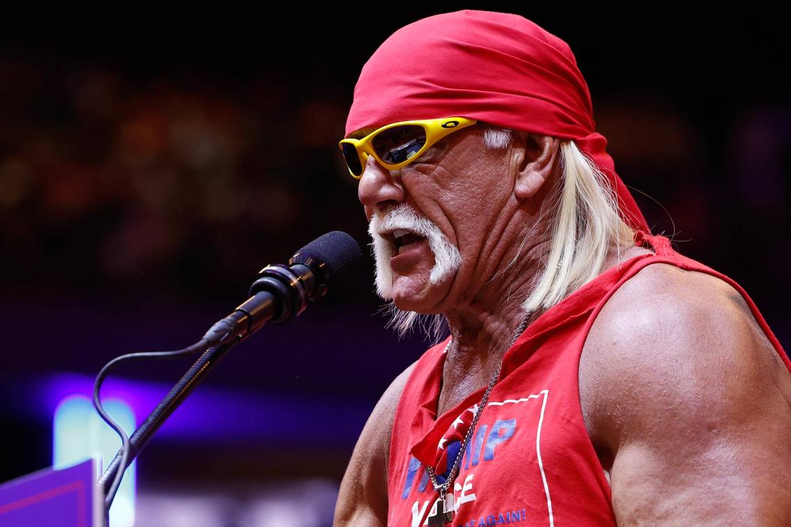  NEW YORK, NEW YORK - OCTOBER 27: Hulk Hogan speaks during a campaign rally for Republican presidential nominee, former U.S. President Donald Trump at Madison Square Garden on October 27, 2024 in New York City. (Photo by Anna Moneymaker/Getty Images) 