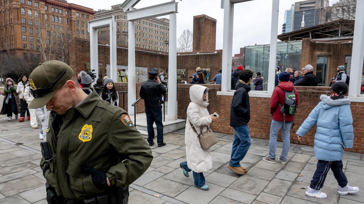 Visitors pass through Independence National Historical Park on Feb, 19, 2026, as workers re-hang the displays at the President’s House in Philadelphia. (Tom Gralish/The Philadelphia Inquirer/TNS)