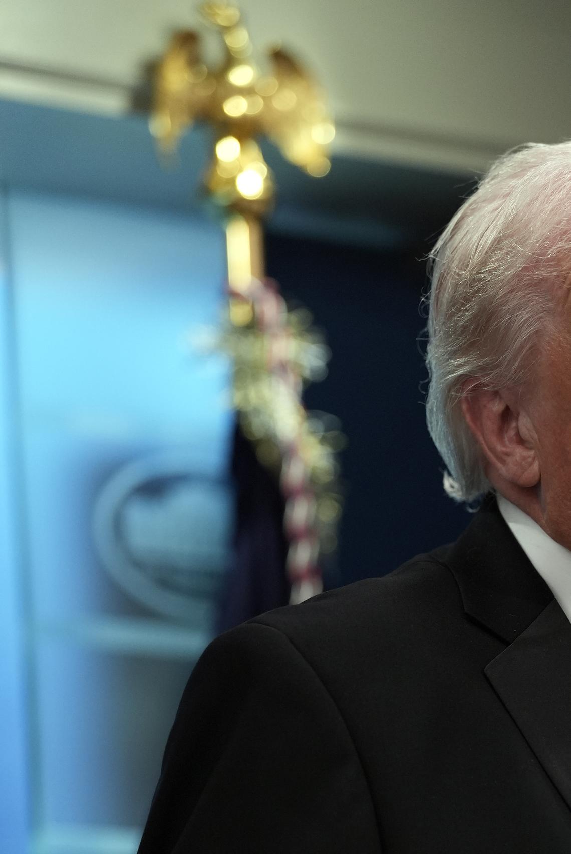 President Donald Trump briefs reporters at the White House after shots were fired during the White House Correspondents' Association dinner at the Washington Hilton in Washington on Saturday, April 25, 2026. Trump was rushed from the stage but was unharmed. (Salwan Georges/The New York Times)