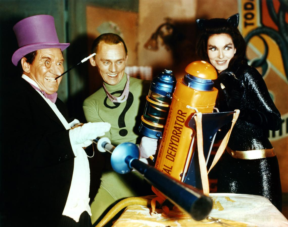 Burgess Meredith, Frank Gorshin, Lee Meriwether, 1966, in the Batman movie.TM and Copyright © 20th Century Fox Film Corp. All rights reserved, Courtesy: Everett Collection