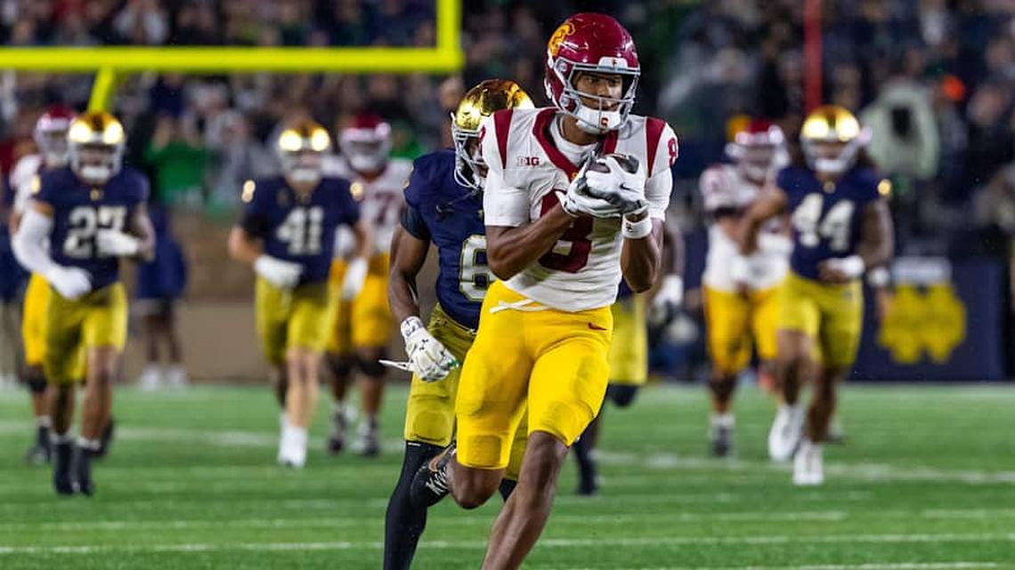  Oct 18, 2025; South Bend, Indiana, USA; Southern California Trojans wide receiver Ja'Kobi Lane (8) completes a reception against the Notre Dame Fighting Irish during the second half at Notre Dame Stadium. Mandatory Credit: Michael Caterina-Imagn Images | Michael Caterina-Imagn Images 