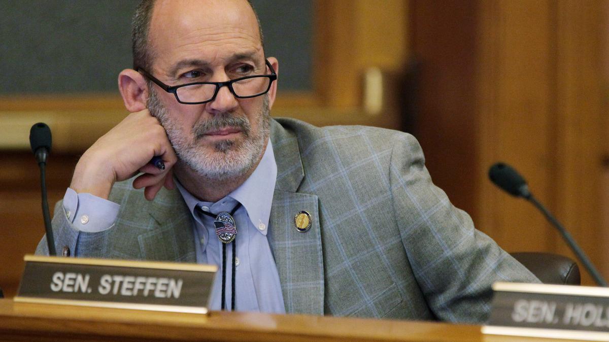 Kansas state Sen. Mark Steffen, R-Hutchinson, follows a Senate committee meeting, Tuesday, March 8, 2022, at the Statehouse in Topeka, Kan. Steffen is among five GOP lawmakers who signed a Facebook statement denouncing the Kansas Republican Party’s chairman over efforts to punish party officials who backed an independent candidate for governor. (AP Photo/John Hanna)