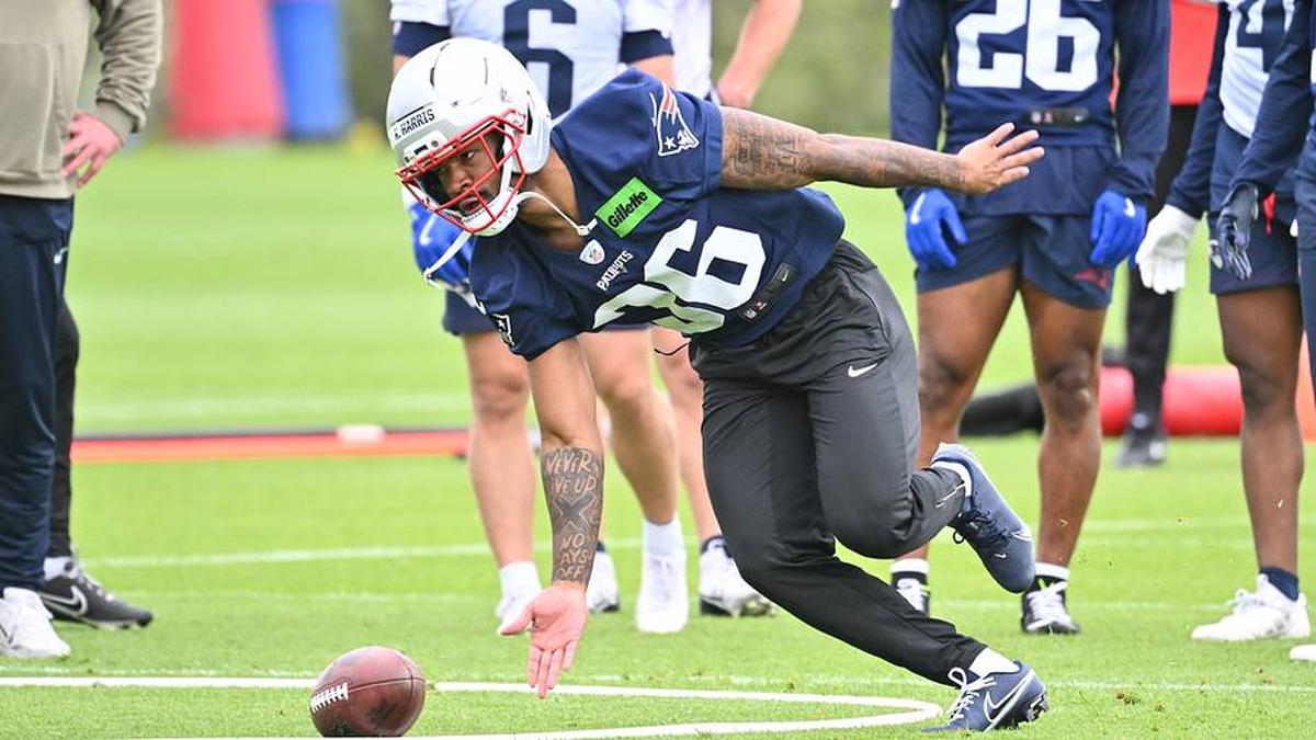  May 9, 2026; Foxborough, MA, USA; New England Patriots cornerback Kenneth Harris (36) runs a drill during the New England Patriots rookie camp at Gillette Stadium. Mandatory Credit: Eric Canha-Imagn Images | Eric Canha-Imagn Images 