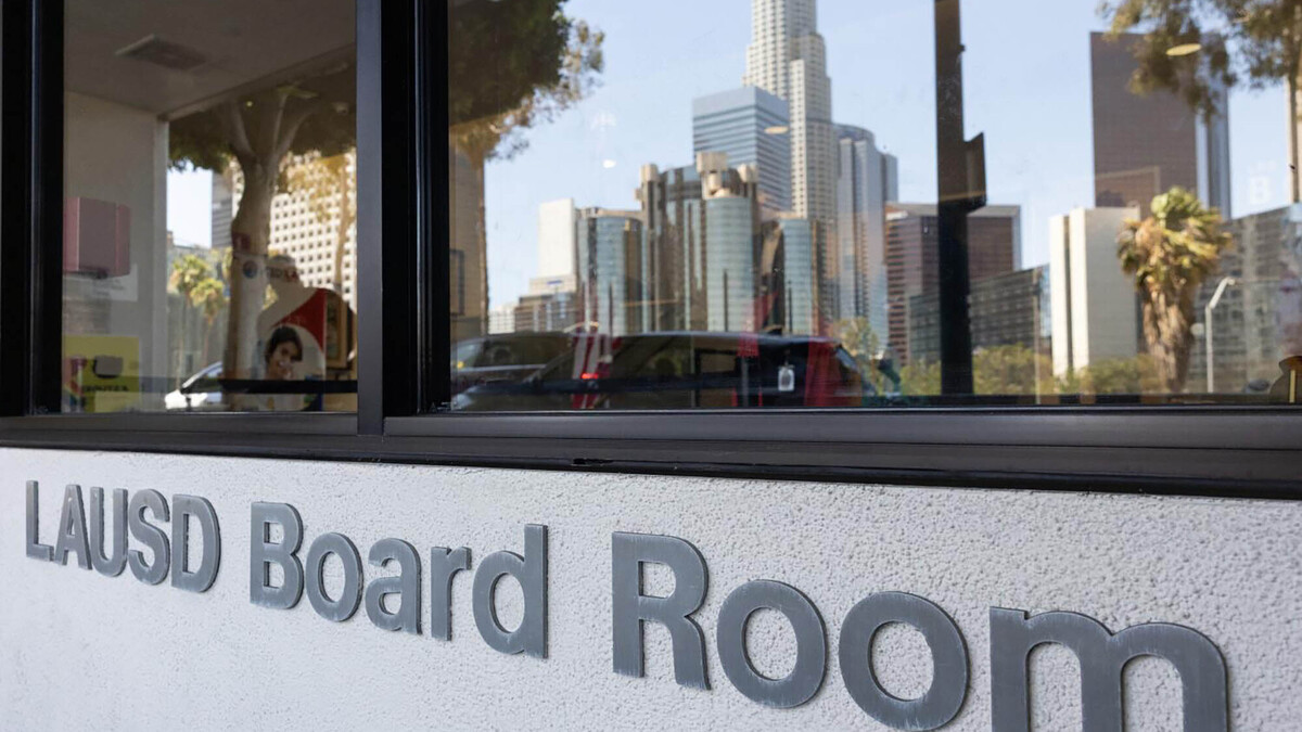 The Los Angeles skyline is reflected in the window of the Los Angeles Unified School District headquarters on June 12, 2026, in Los Angeles. (Myung J. Chun/Los Angeles Times/TNS)