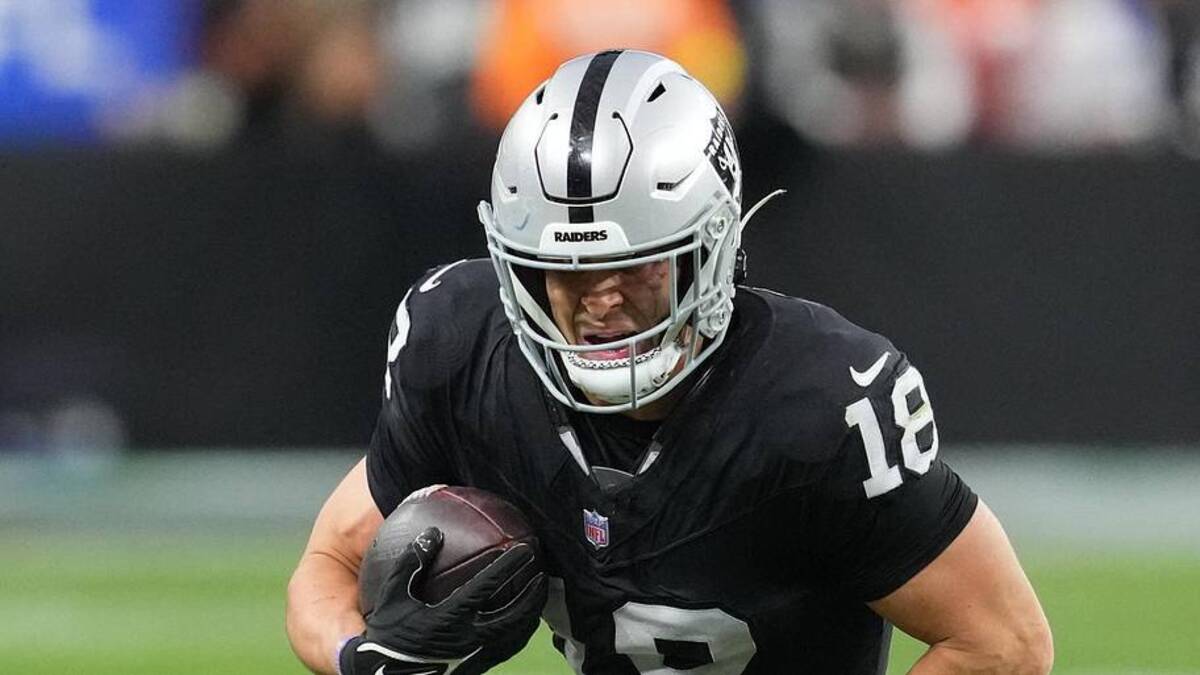  Dec 7, 2025; Paradise, Nevada, USA; Las Vegas Raiders wide receiver Jack Bech (18) runs after the catch against the Denver Broncos during the second half at Allegiant Stadium. Mandatory Credit: Stephen R. Sylvanie-Imagn Images | Stephen R. Sylvanie-Imagn Images 