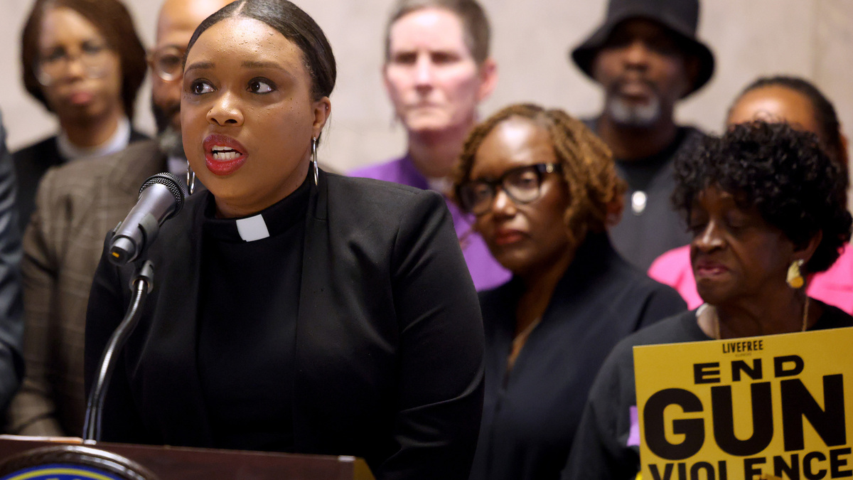 The Rev. Ciera Bates-Chamberlain, executive director of Live Free Illinois, speaks alongside other faith leaders and activists at a press conference at Chicago City Hall, Monday, June 22, 2026, to call for a gun violence prevention office. (Antonio Perez/Chicago Tribune/TNS)