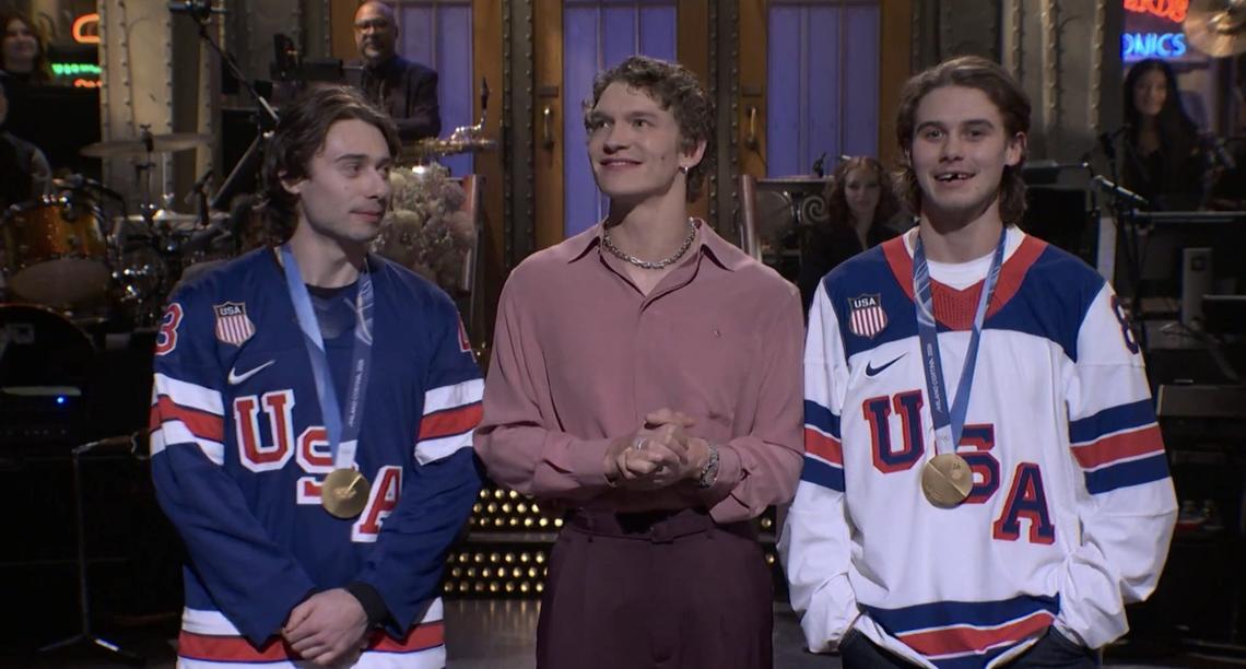 Quinn Hughes, Connor Storrie and Jack Hughes on "Saturday Night Live"