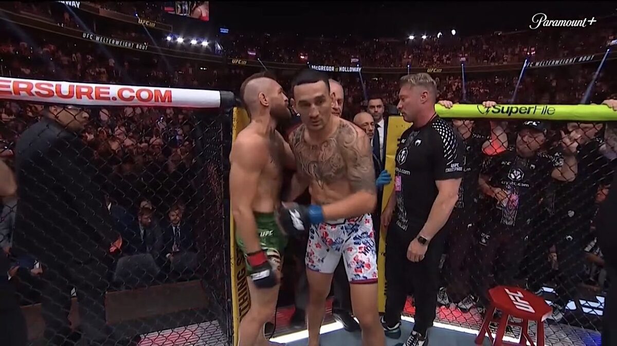 Conor McGregor and Max Holloway after UFC 329 fight.