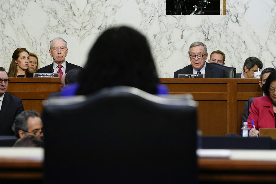  Supreme Court nominee Ketanji Brown Jackson listens to U.S. Senate Judiciary Committee members on Capitol Hill on March 21, 2022. AP Photo/J. Scott Applewhite, Pool 