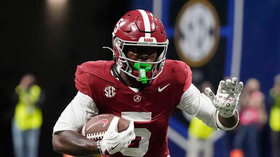  Dec 6, 2025; Atlanta, GA, USA; Alabama wide receiver Germie Bernard (5) runs with the ball after making a catch during the game with Georgia at Mercedes-Benz Stadium. Mandatory Credit: Gary Cosby Jr.-Tuscaloosa News | Gary Cosby Jr. / USA TODAY NETWORK via Imagn Images 