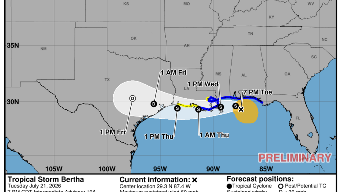 Latest update from the National Hurricane Center on Tropical Storm Bertha for Tuesday, July 21 