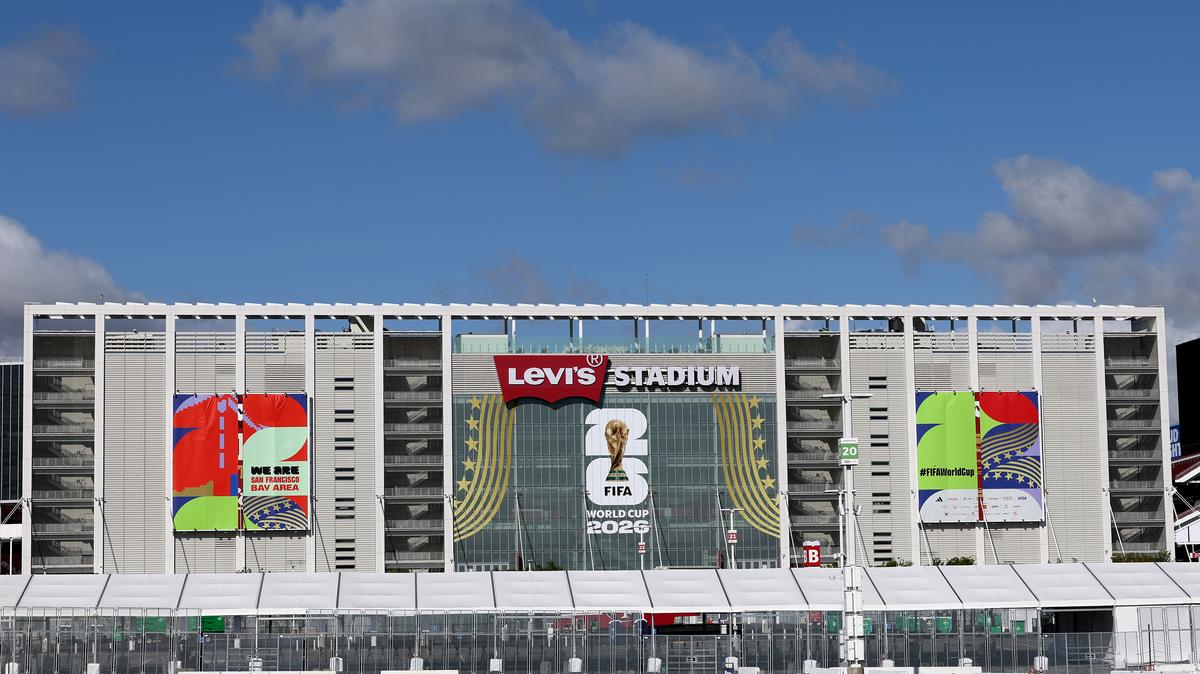 FIFA World Cup 2026 signage is displayed on the facade of Levi’s Stadium in Santa Clara, Calif., Tuesday, May 26, 2026. Levi’s Stadium will host six games, with the first match between Qatar and Switzerland on June 13. (Ray Chavez/Bay Area News Group)