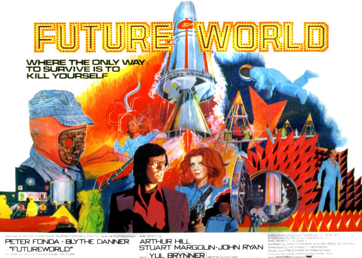 FUTUREWORLD, center, from left: Peter Fonda, Blythe Danner, 1976Courtesy the Everett Collection