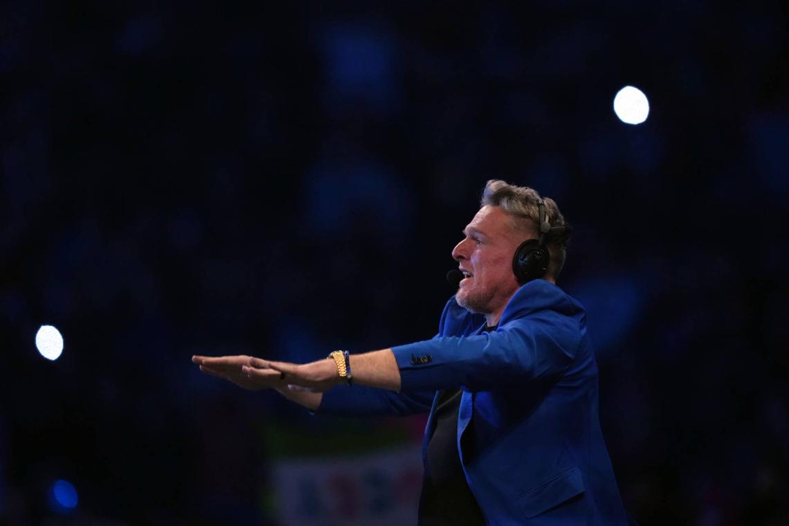  Feb 1, 2025; Indianapolis, IN, USA; Pat McAfee during the Men's Royal Rumble match during the WWE Royal Rumble at Lucas Oil Stadium. Mandatory Credit: Joe Camporeale-Imagn Images 