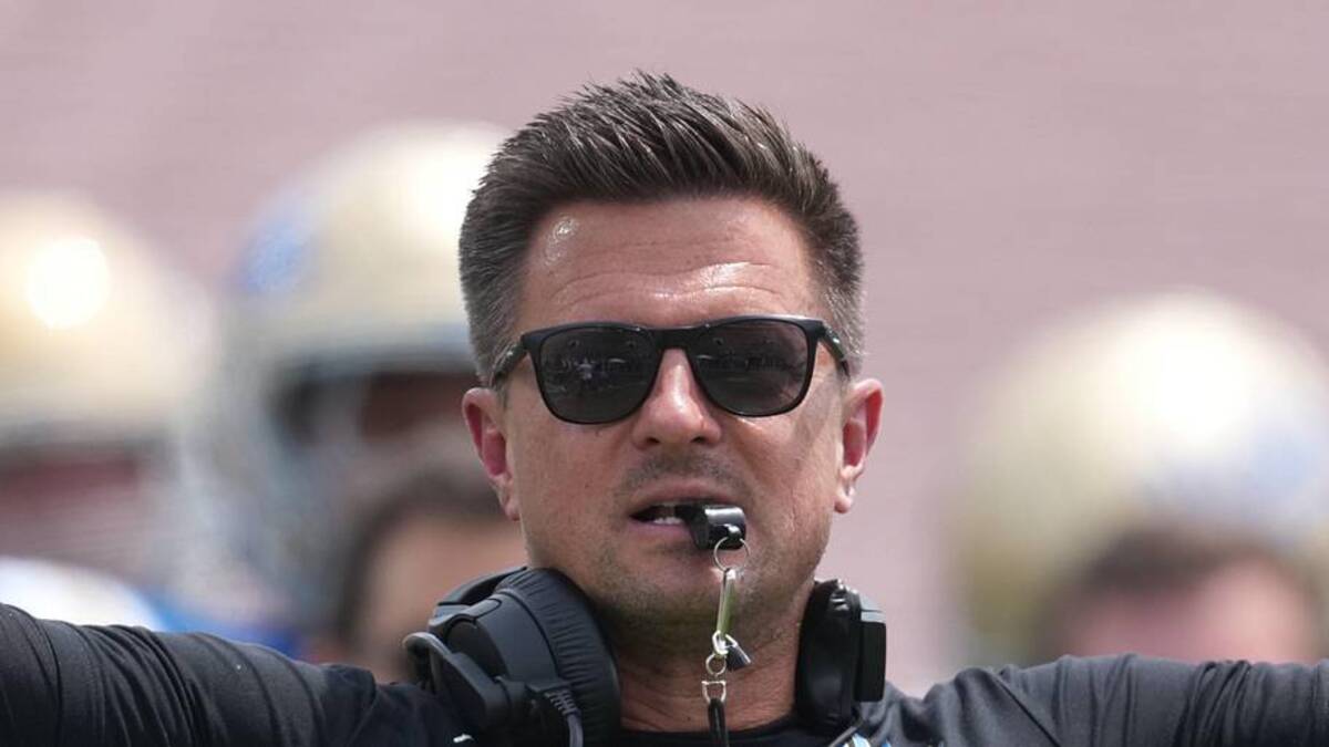  May 2, 2026; Pasadena, CA, USA; UCLA Bruins coach Bob Chesney reacts during the spring game at Rose Bowl. Mandatory Credit: Kirby Lee-Imagn Images | Kirby Lee-Imagn Images 