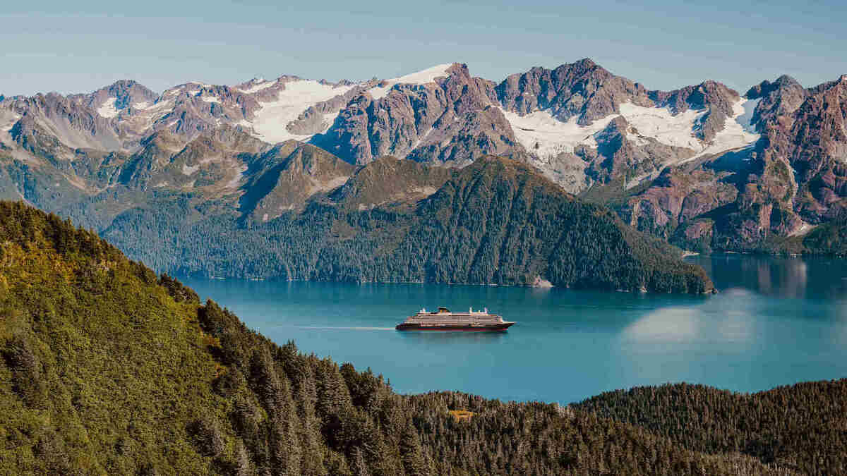 A rendering of Explora Journeys' EXPLORA III cruise ship sailing in Seward, Alaska. 