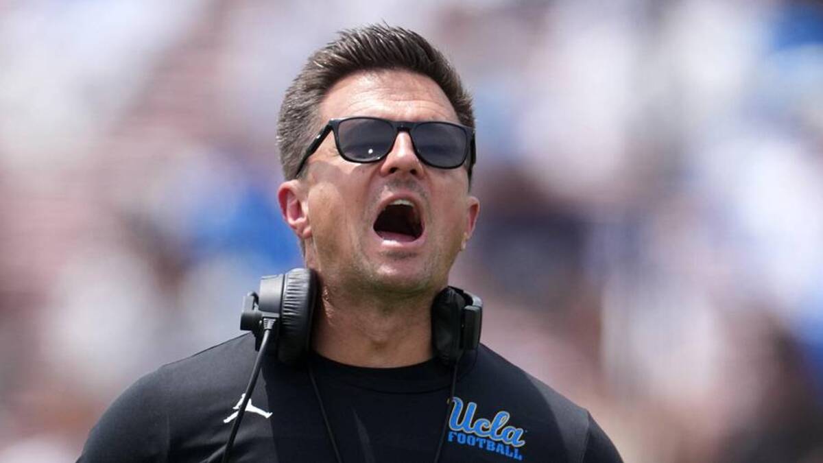  May 2, 2026; Pasadena, CA, USA; UCLA Bruins coach Bob Chesney reacts during the spring game at Rose Bowl. Mandatory Credit: Kirby Lee-Imagn Images | Kirby Lee-Imagn Images 