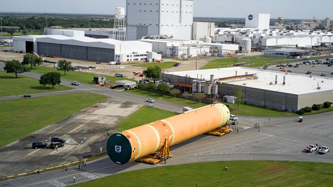 NASA moved the largest section of the Space Launch System rocket core stage to be used on the Artemis III mission in 2027 from the agency’s Michoud Assembly Facility in New Orleans to the Pegasus barge on Monday, April 21, 2026 for its trip to Kennedy Space Center. (Michael DeMocker/NASA/TNS)