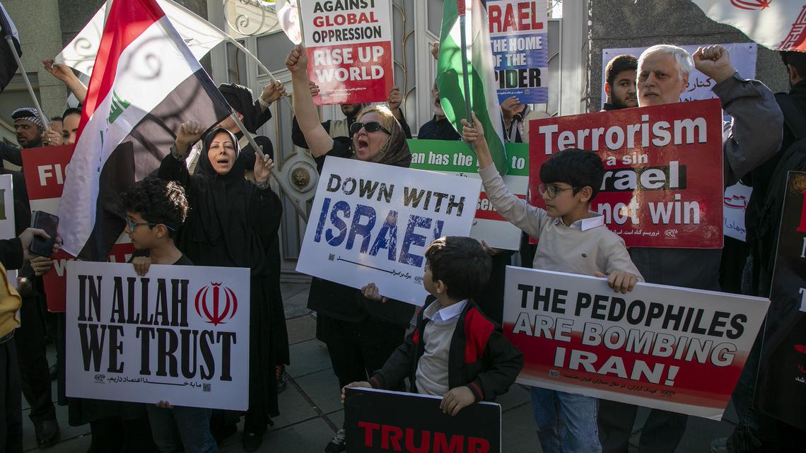 Demonstrators gather outside the Iraqi embassy in Tehran to thank Iraq for what they consider its support of Iran and the "Axis of Resistance" during the war with the U.S. and Israel on Thursday, April 23, 2026, in Tehran, Iran. (Majid Saeedi/Getty Images/TNS)