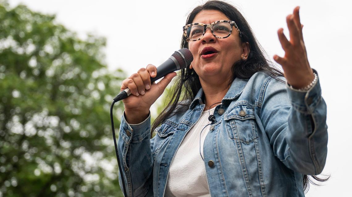 U.S. Rep. Rashida Tlaib (D-MI) speaks as thousands of people gather in Detroit's Clark Park for a "No Kings" protest on June 14, 2025, in Detroit. (Katy Kildee/The Detroit News/TNS)