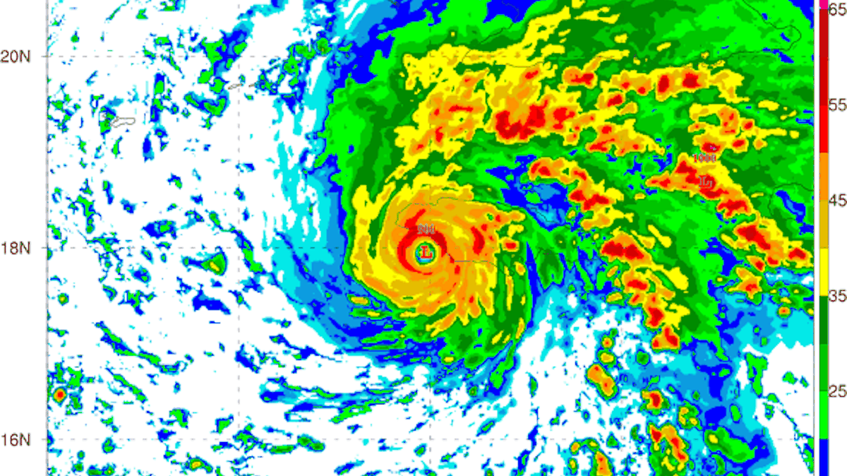  A HAFS radar forecast shows Hurricane Melissa as it approaches Jamaica in October 2025. The HAFS model performed well in forecasting the intensification and extreme strength of the Category 5 storm in the days leading up to its landfall in Jamaica. NOAA/AOML/HRD 