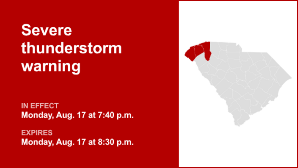 UPDATE: The severe thunderstorm warning for Upstate SC is predicted to expire at 9 p.m. 